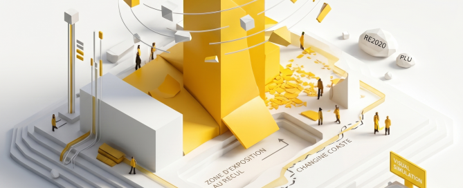 Maquette 3D axonométrique d'une villa isolée entourée par l'eau avec annotations techniques PLU et RE2020.