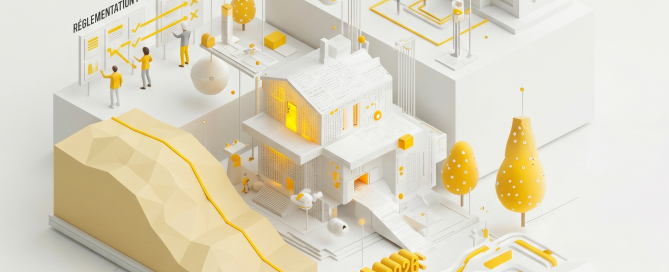 Trait de cote - Illustration architecturale abstraite en axonométrie blanche et jaune symbolisant le temps, l'érosion du littoral et les projets d'urbanisme.