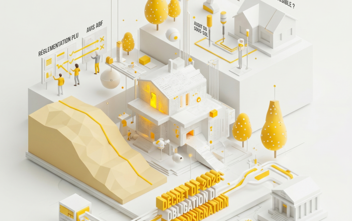 Trait de cote - Illustration architecturale abstraite en axonométrie blanche et jaune symbolisant le temps, l'érosion du littoral et les projets d'urbanisme.