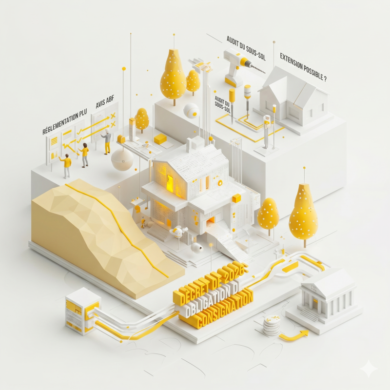 Illustration architecturale abstraite en axonométrie blanche et jaune symbolisant le temps, l'érosion du littoral et les projets d'urbanisme.