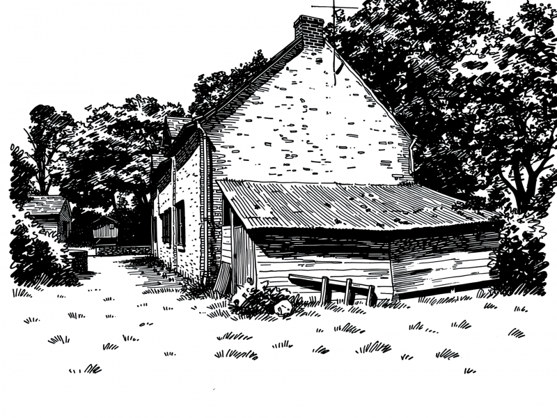 Croquis d'architecte à l'encre représentant l'état existant d'une longère traditionnelle en pierre avant travaux d'extension avec son appentis en bois et tôle à Saint-André-des-Eaux, réalisé par Méta Architecture.