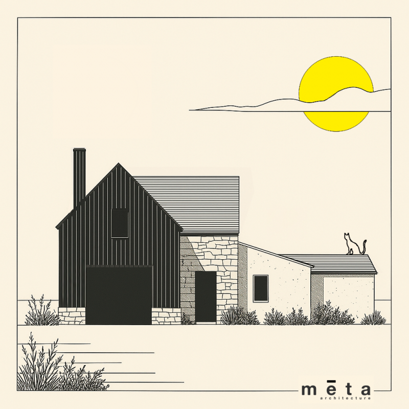 Illustration d'architecte minimaliste d'une maison contemporaine en Brière avec extension en bardage bois noir (charbon), soubassement pierre et carport traditionnel en chaume à Saint-André-des-Eaux, conçue par Méta Architecture.