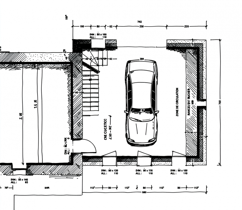 Plan de sol technique pour l'extension d'une longère à Saint-André-des-Eaux montrant l'aménagement intérieur du garage au rez-de-chaussée avec une zone de stationnement pour voiture, un espace de stockage pour bûches et des escaliers d'accès, réalisé par Méta Architecture.