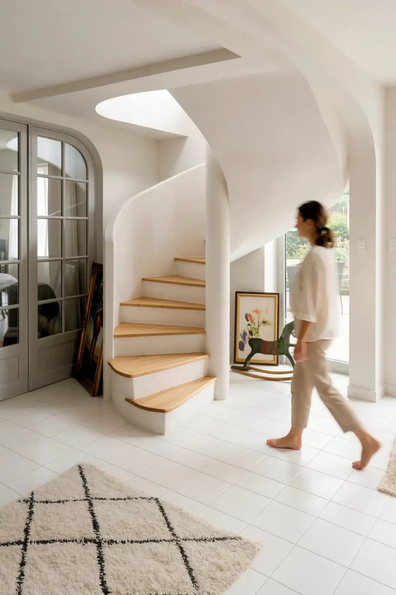 Escalier hélicoïdal blanc en staff et marches en bois dans un intérieur épuré avec une silhouette en mouvement.