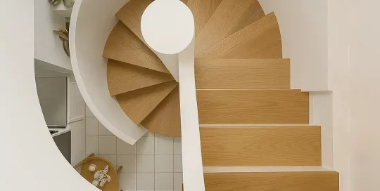 Vue plongeante sur un escalier en colimaçon aux marches en bois clair et rampe blanche lisse.