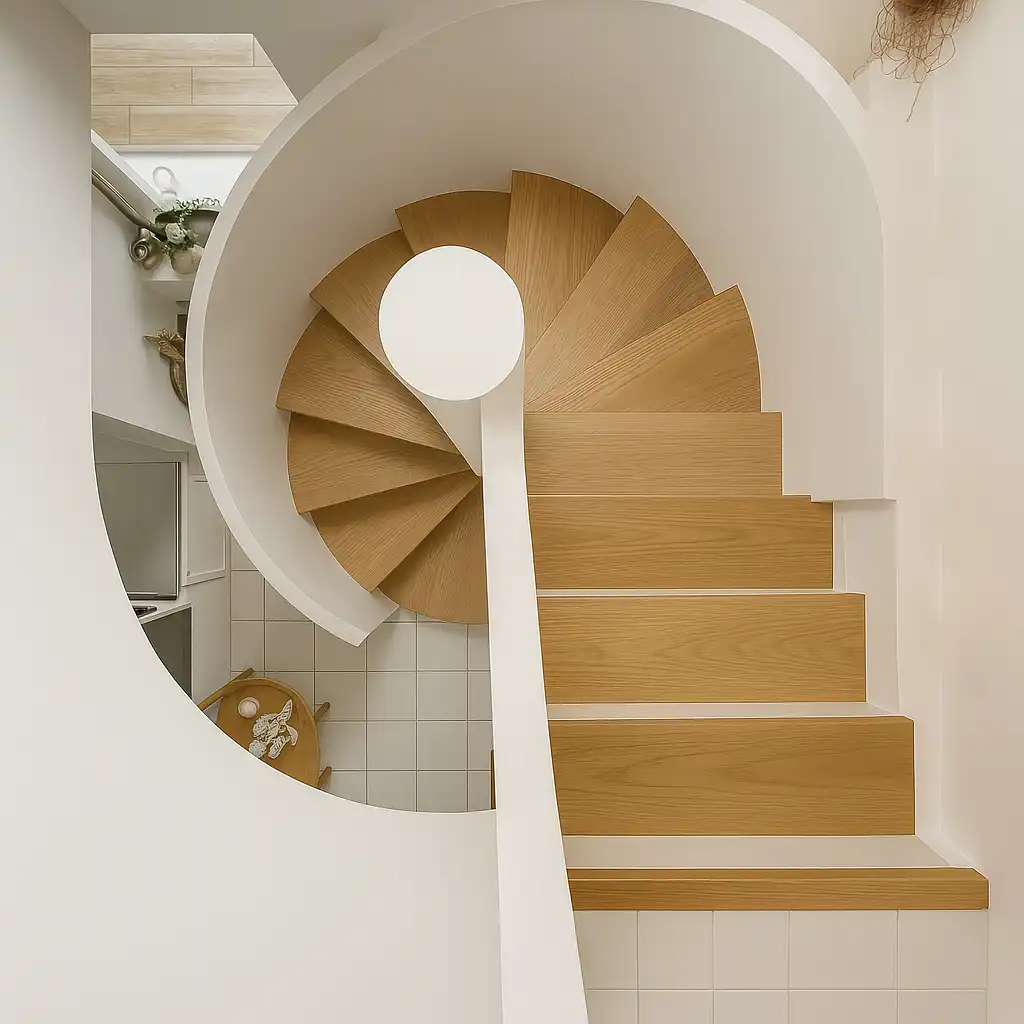 Vue plongeante sur un escalier en colimaçon aux marches en bois clair et rampe blanche lisse.