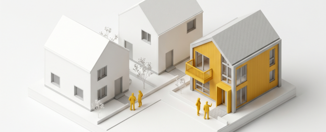 Illustration isométrique comparant le rôle du maître d'œuvre, de l'architecte et du constructeur pour un projet de construction