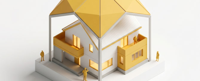 Illustration isométrique d'une maison en chantier représentant la protection de l'assurance dommage-ouvrage