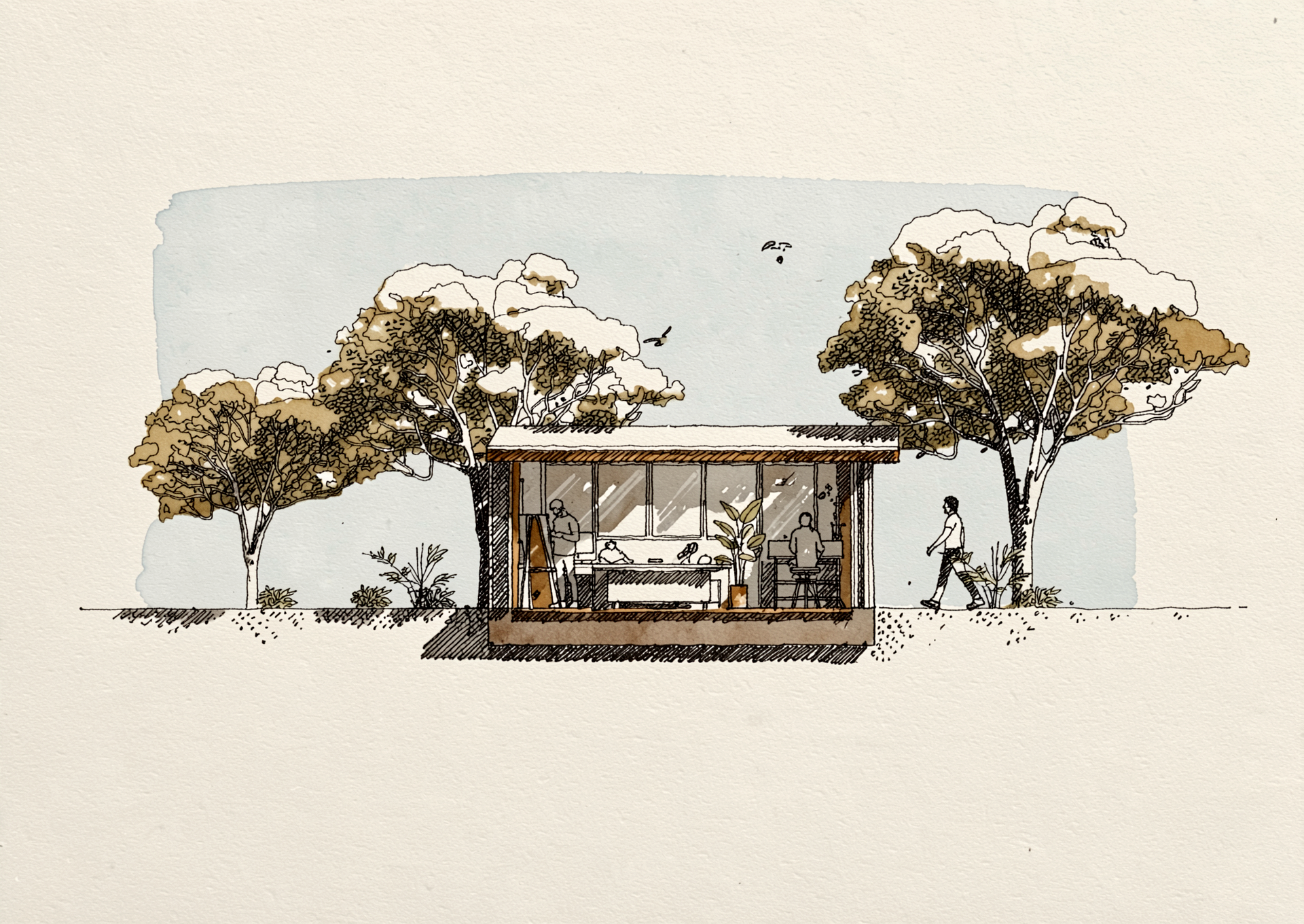 Élévation de la façade vitrée — atelier de jardin La Baule Élévation aquarellée de la façade vitrée de l'atelier de jardin en bois brûlé, La Baule-Escoublac