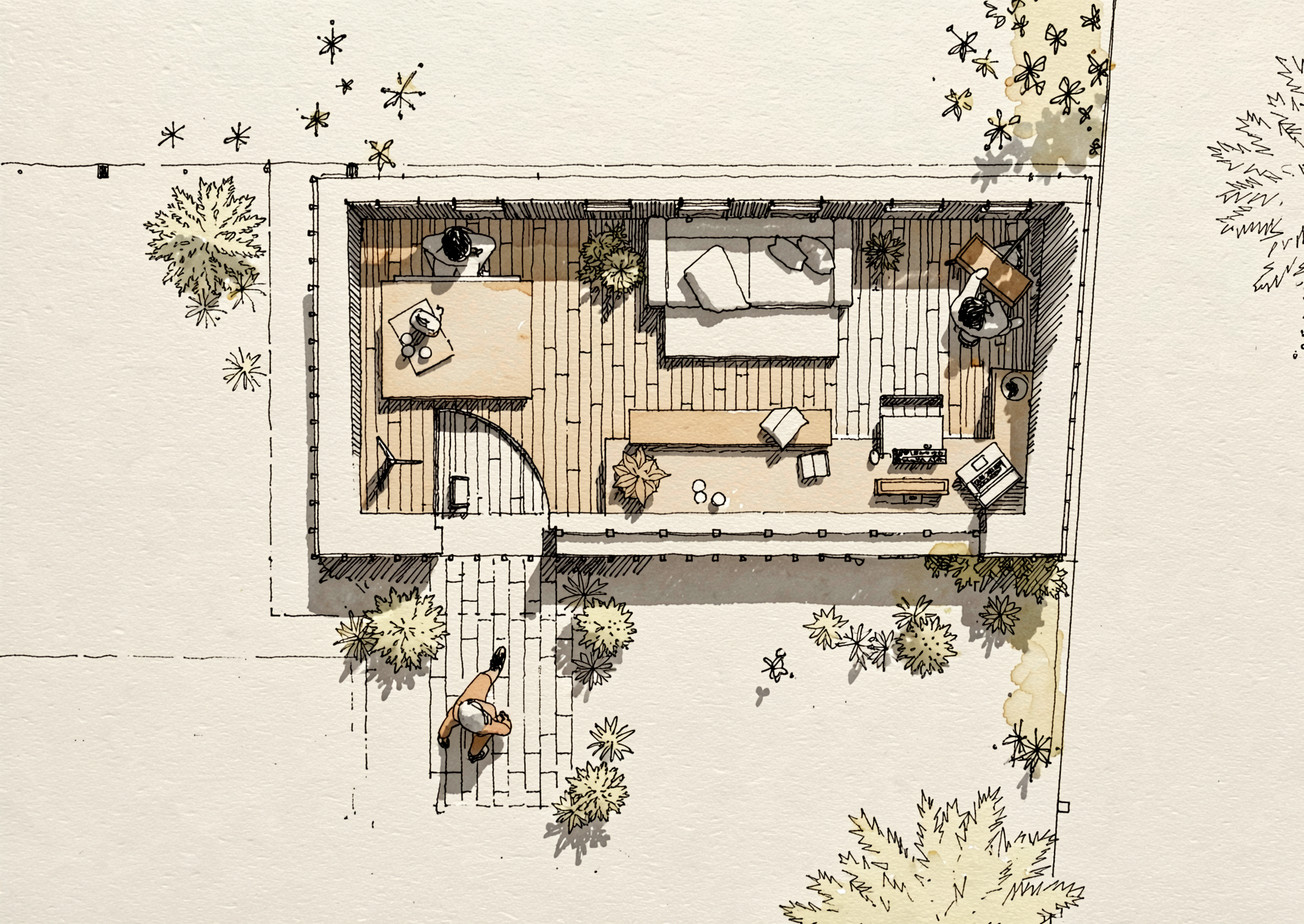 Plan aménagé de l’atelier de jardin — La Baule Plan aménagé de l'atelier de jardin à La Baule, terrasse bois et implantation dans le jardin arboré