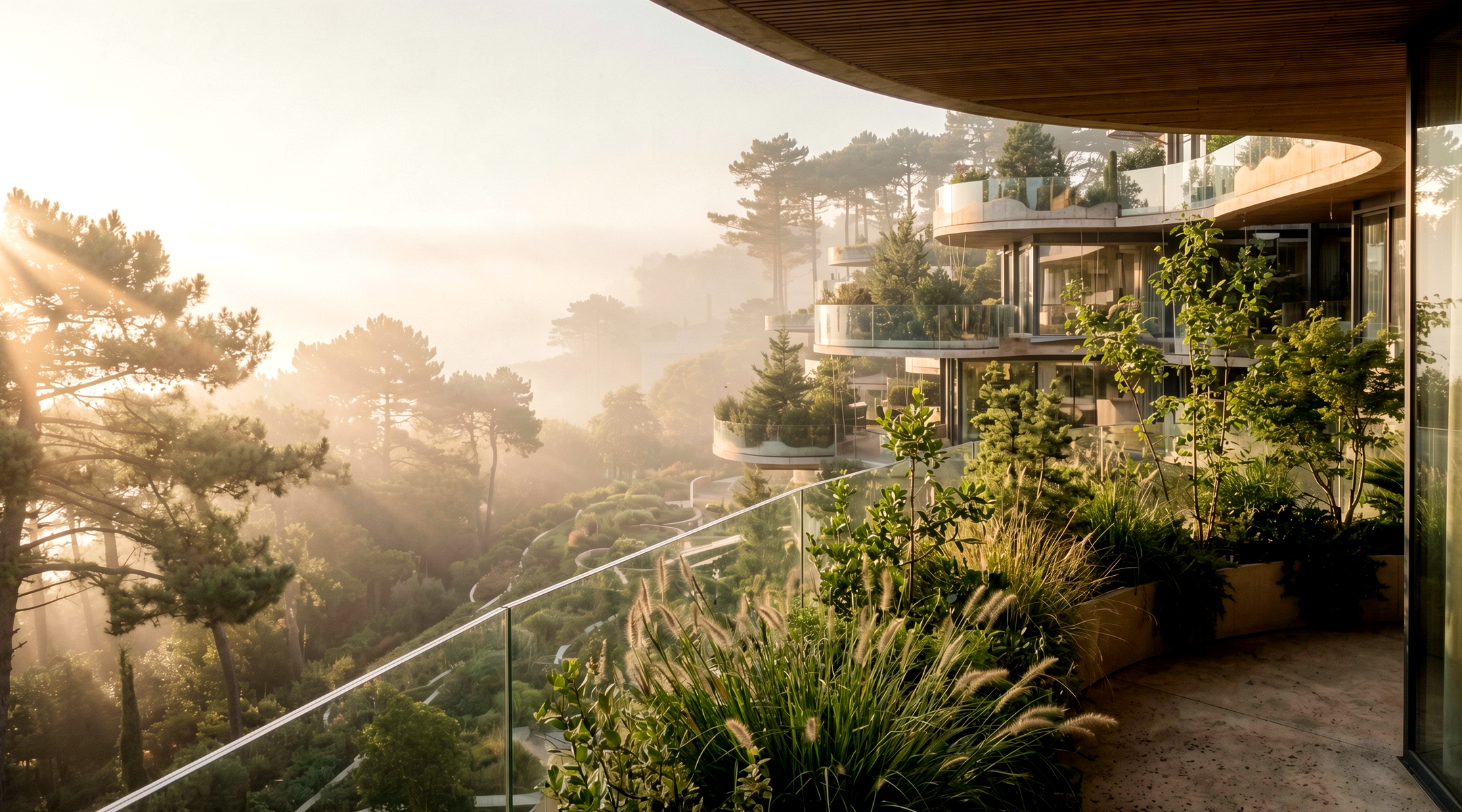 Logements à terrasses plantées étagées sous les pins maritimes, Côte de Jade