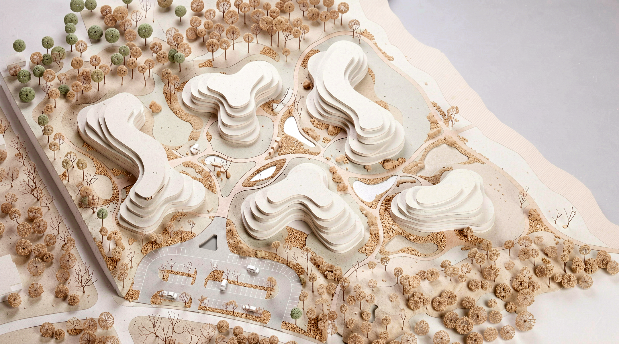 Maquette d'étude des volumes en gradins du parc résidentiel organique Les Canopées de Jade