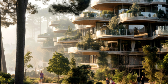 Terrasse végétalisée d'un parc résidentiel organique en lisière de pinède à Saint-Brévin-les-Pins