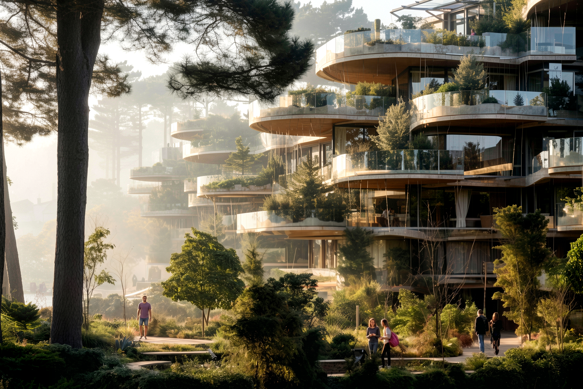 Terrasse végétalisée d'un parc résidentiel organique en lisière de pinède à Saint-Brévin-les-Pins