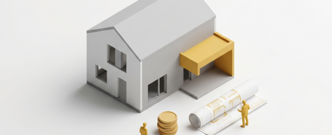 Illustration isométrique d'une maison symbolisant les honoraires et le coût d'un architecte pour un projet résidentiel