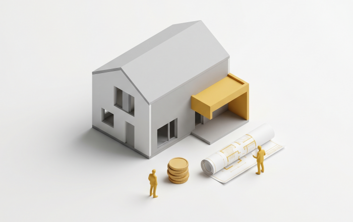 Illustration isométrique d'une maison symbolisant les honoraires et le coût d'un architecte pour un projet résidentiel