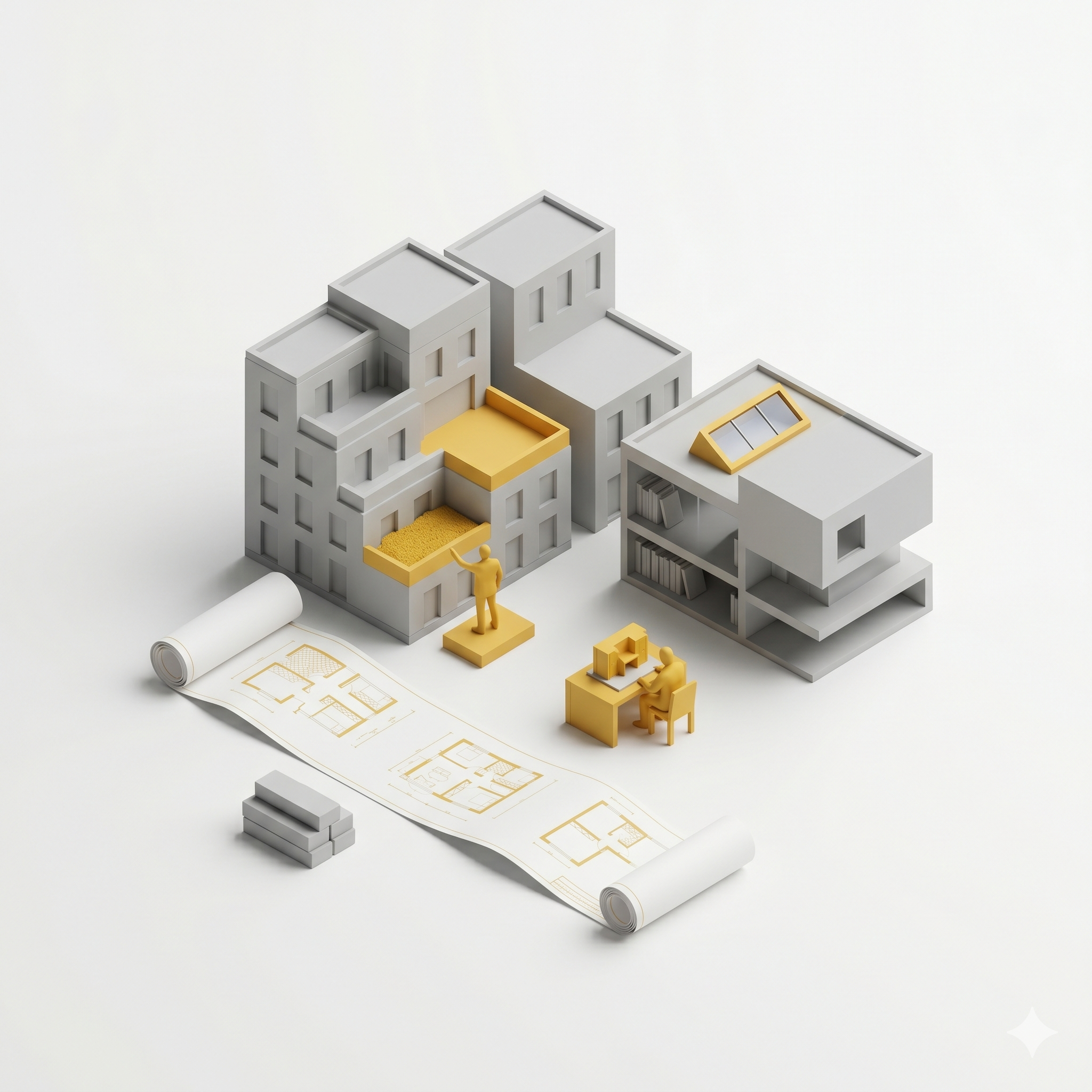 Vue isométrique alternative représentant les missions et tarifs d'un architecte pour une extension ou construction