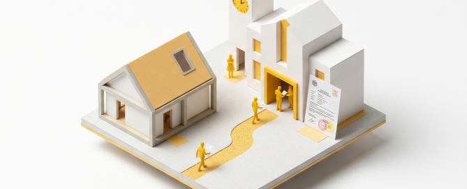 Illustration isométrique représentant les étapes et délais d'instruction d'un permis de construire en France en 2026