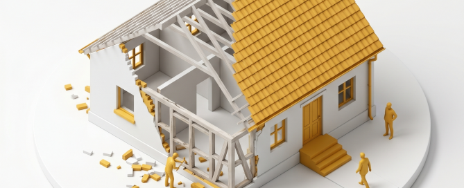 Illustration isométrique d'une maison en démolition-reconstruction représentant la reconstruction à l'identique
