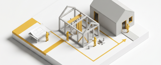Illustration isométrique des 12 étapes d'un projet avec un architecte, de la conception à la remise des clés