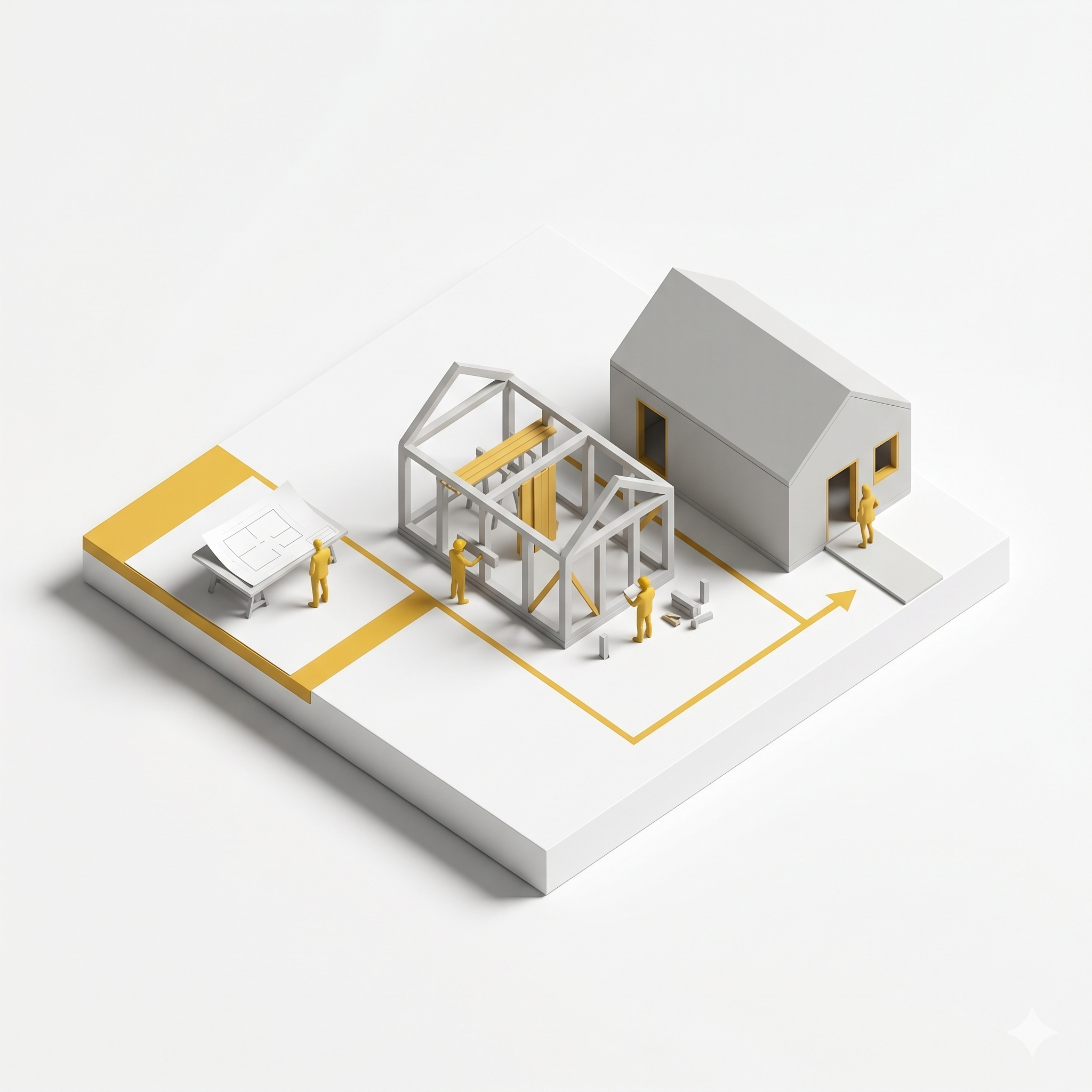 Illustration isométrique des 12 étapes d'un projet avec un architecte, de la conception à la remise des clés