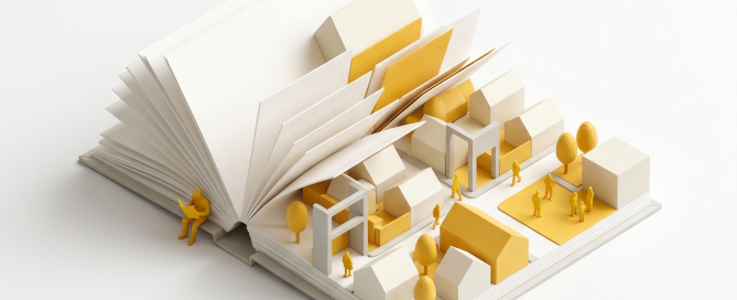 Illustration isométrique représentant les documents et règles d'urbanisme : PLU, ABF, SPR et sigles du permis de construire