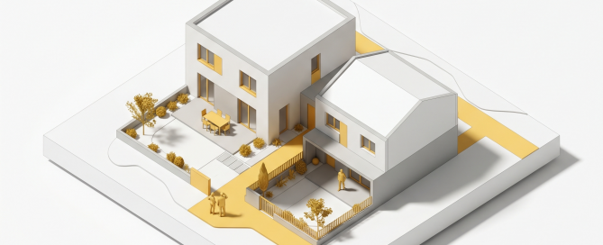 Illustration isométrique d'une maison projetant une ombre sur la propriété voisine, symbolisant une perte d'ensoleillement