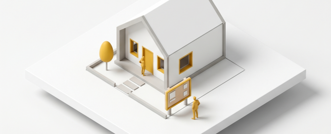 Illustration isométrique d'un chantier symbolisant les risques de recours contre un permis de construire par un tiers