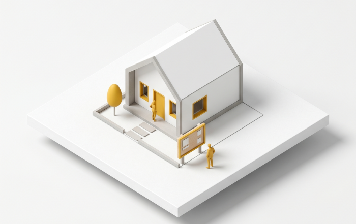 Illustration isométrique d'un chantier symbolisant les risques de recours contre un permis de construire par un tiers