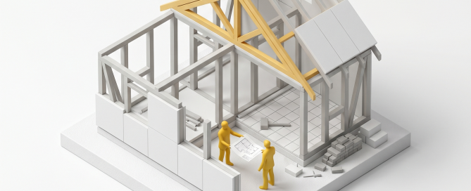 Illustration isométrique d'une maison avec permis de construire symbolisant le changement d'architecte en cours de projet