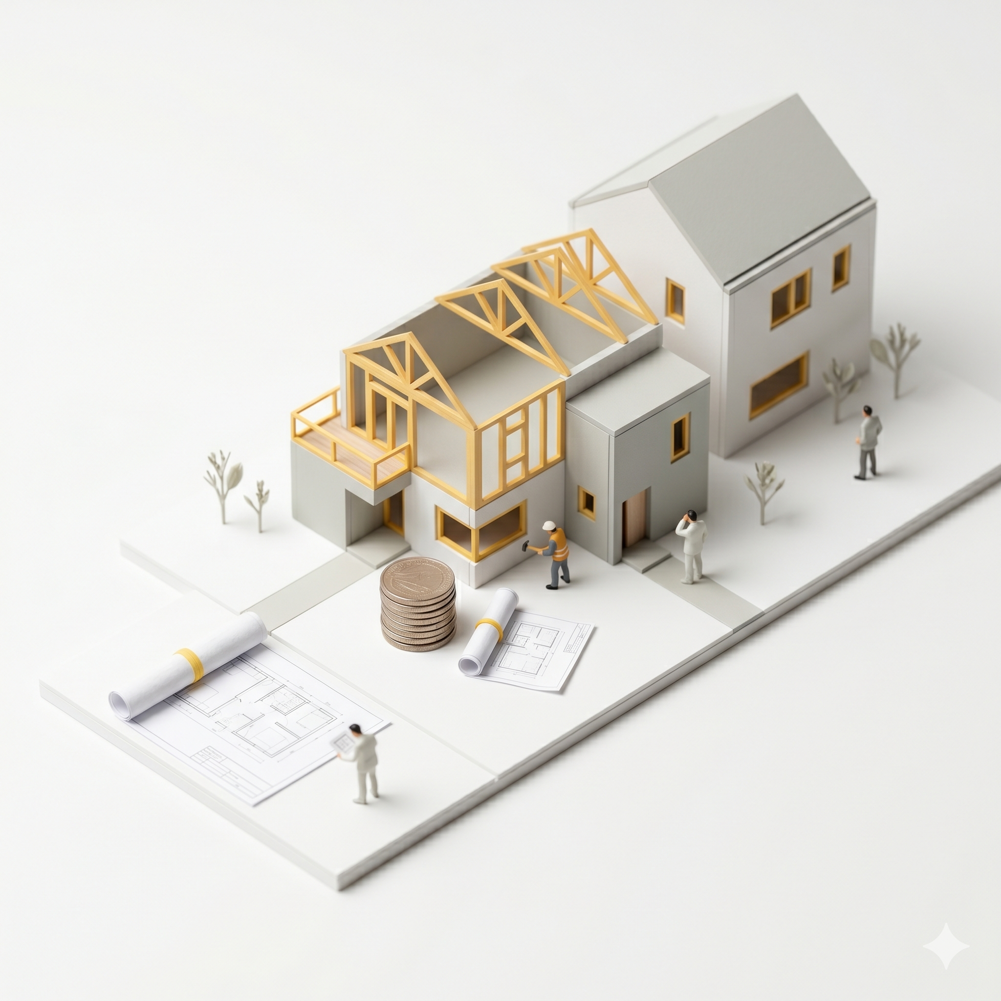 Vue isométrique alternative illustrant les démarches pour reprendre un permis de construire avec un nouvel architecte