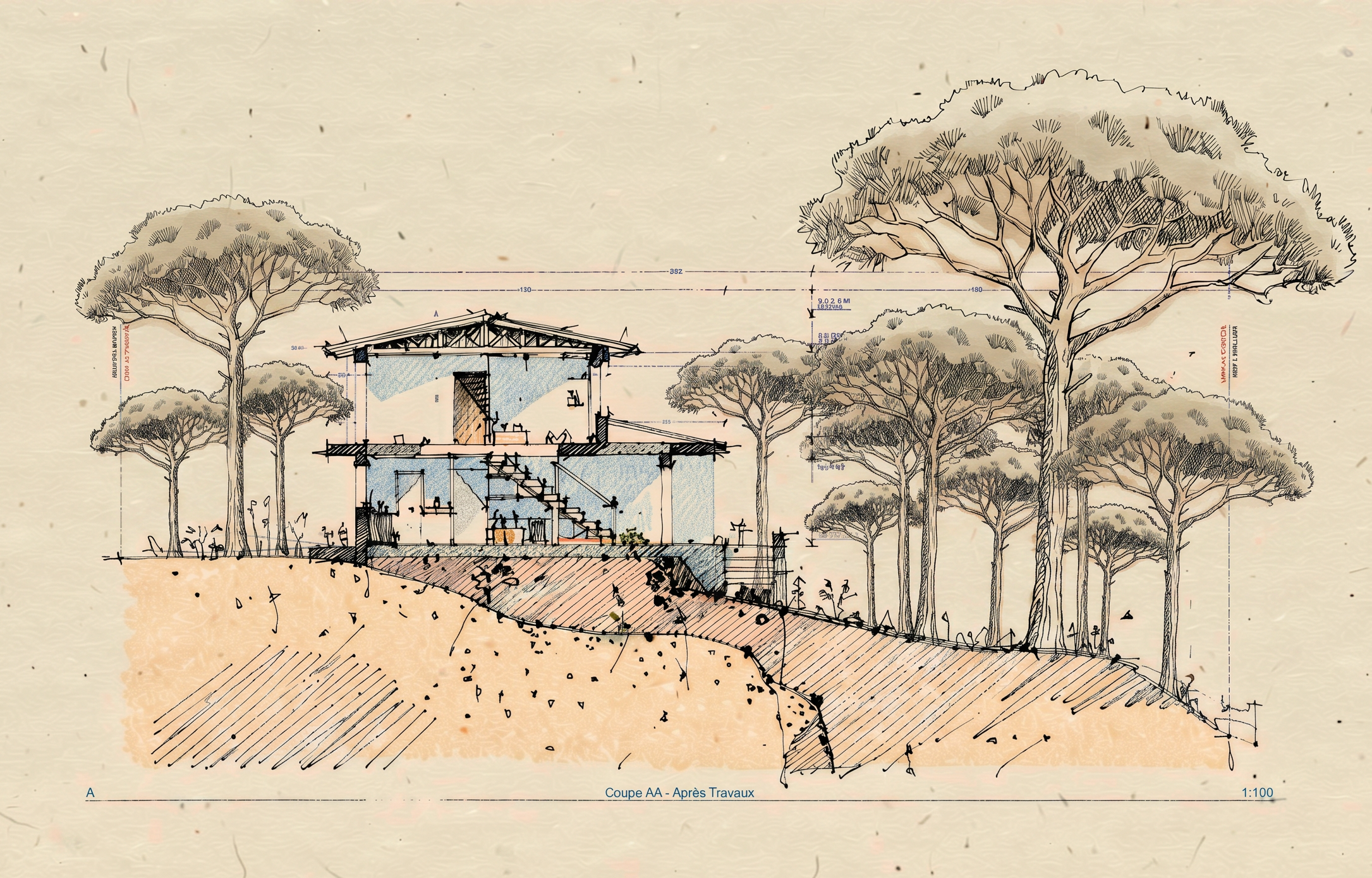 Coupe aquarellée de la villa surélevée sous les pins, terrain en pente dunaire, La Baule