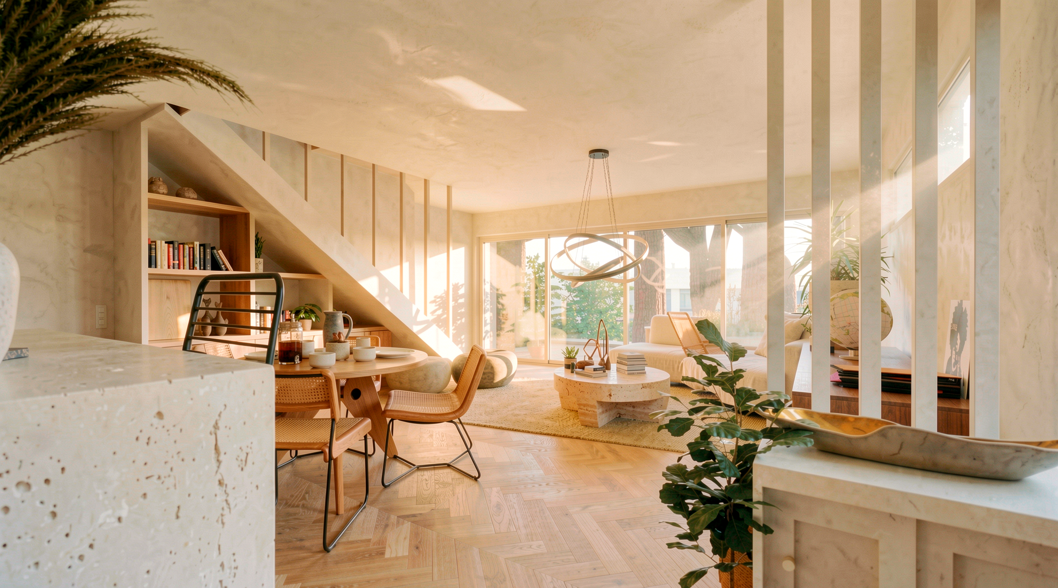 Étage en surélévation, bureau-salon sous la sous-face de toiture en pitchpin, vue sur la canopée, La Baule
