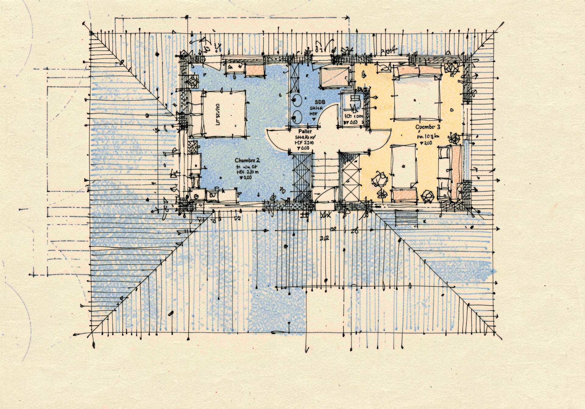 Plan de l'étage en surélévation : chambres et bureau-salon, villa classée à La Baule
