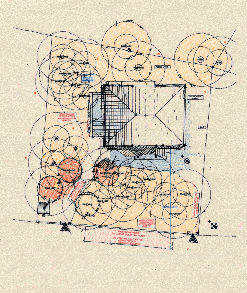 Plan masse aquarellé du Belvédère des Cimes, surélévation d'une villa classée de 1953 dans la pinède à La Baule