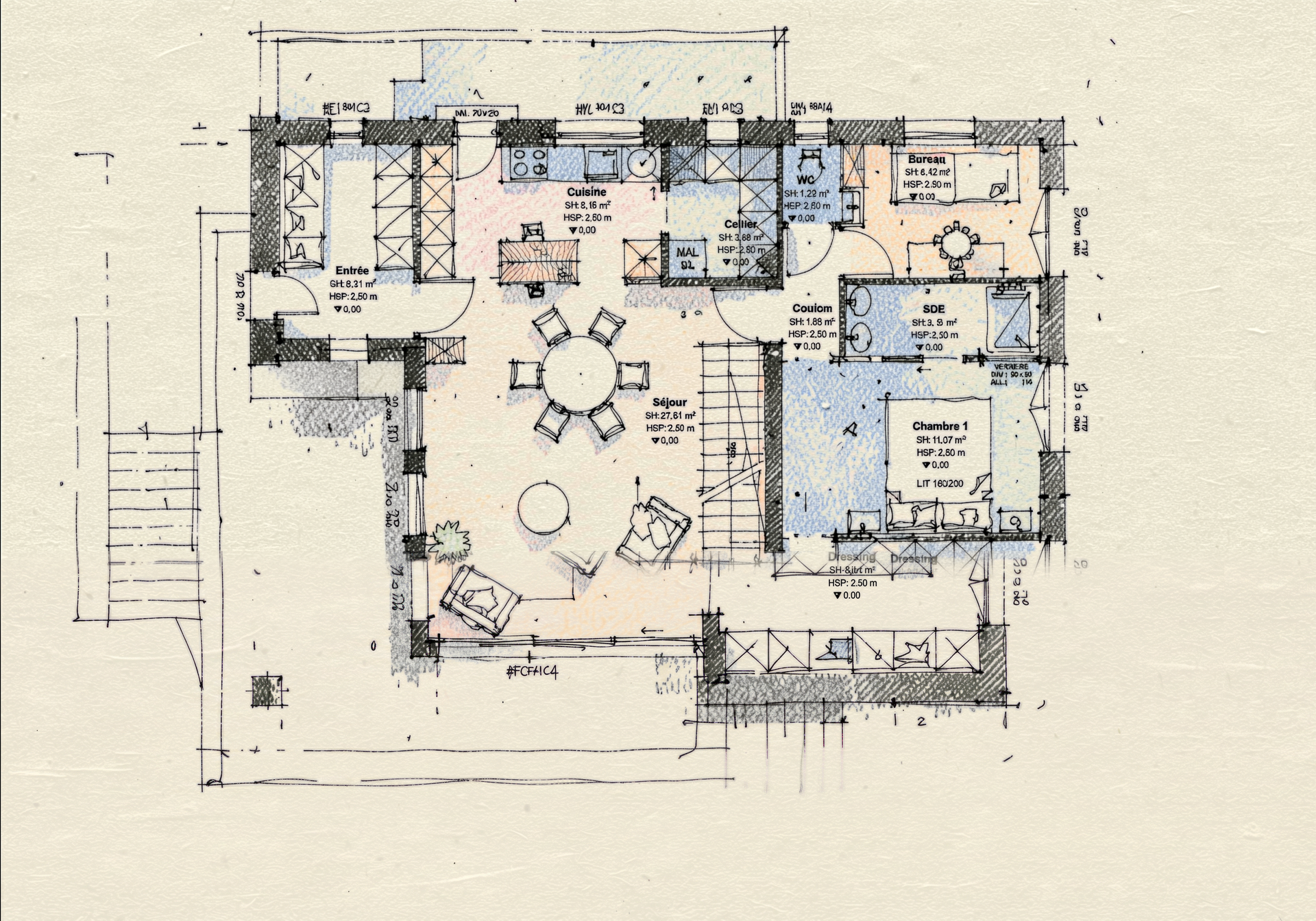 Plan du rez-de-chaussée : séjour, cuisine et extension en façade Est de la villa classée, La Baule