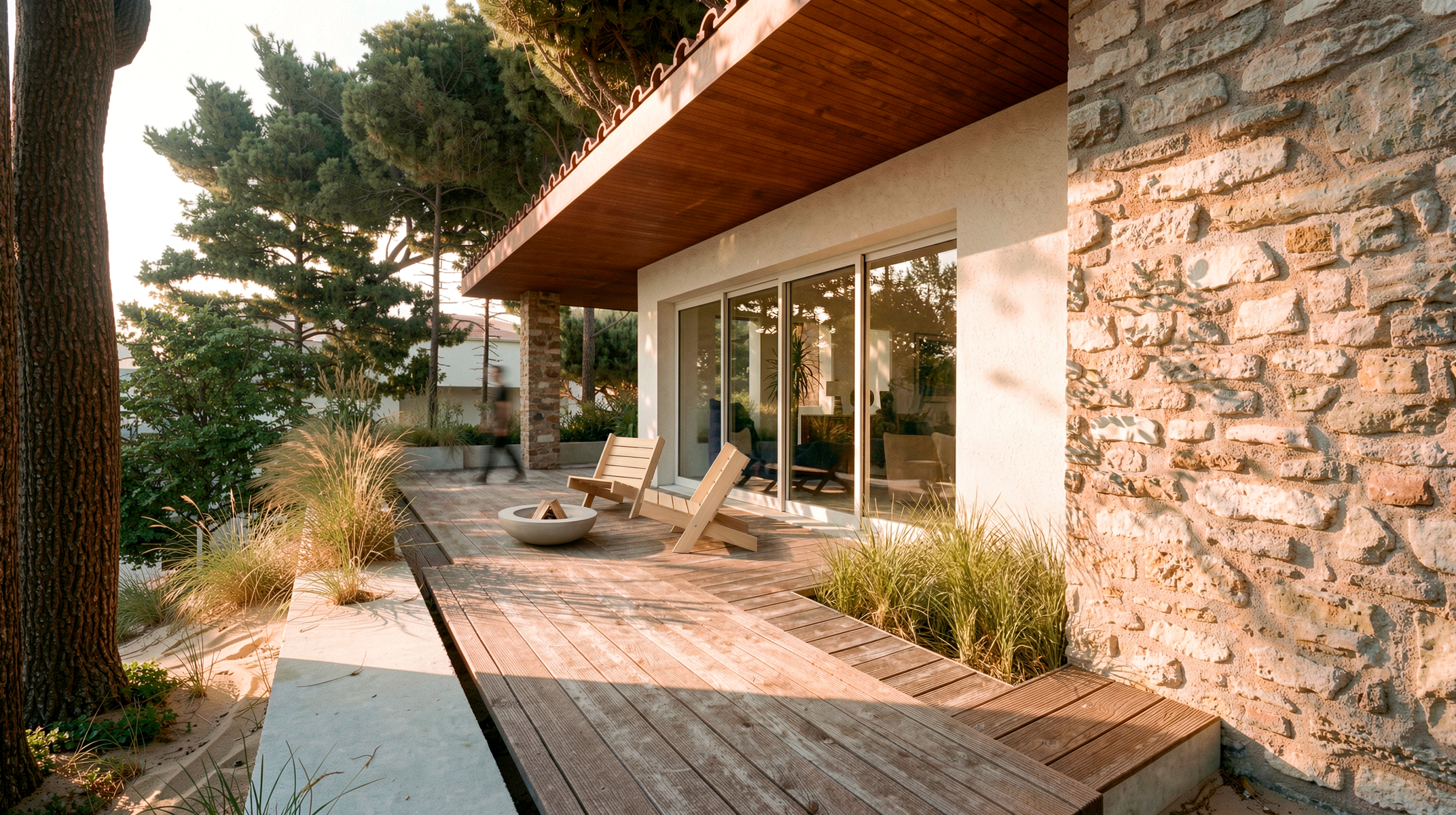 Le Belvédère des Cimes — terrasse-loggia en granit et bois, La Baule Terrasse-loggia de la villa classée, mur en granit rose et large débord de toiture bois, pinède de La Baule