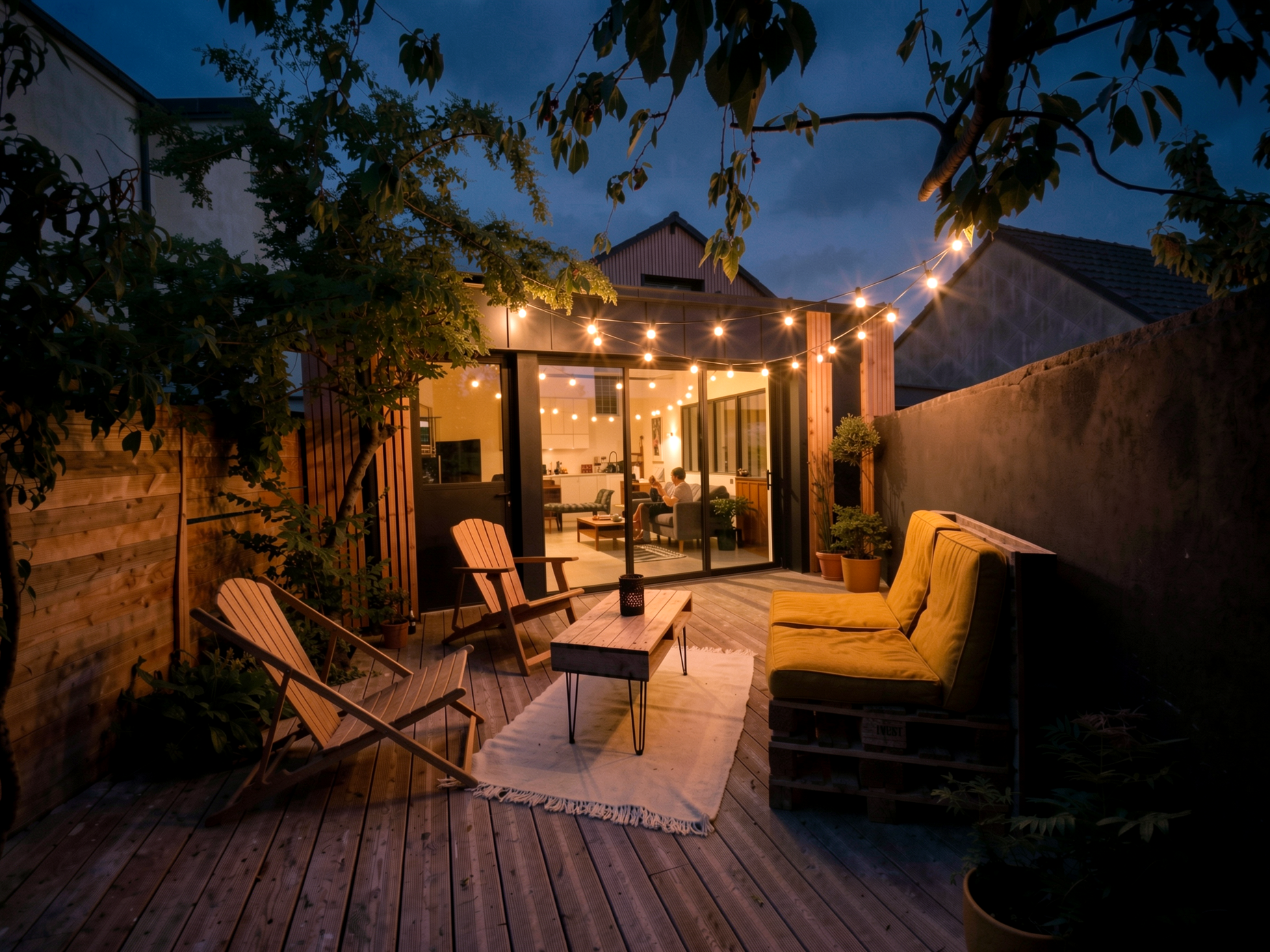 Terrasse en bois et extension en zinc éclairées à la tombée du jour, maison de ville à Guérande