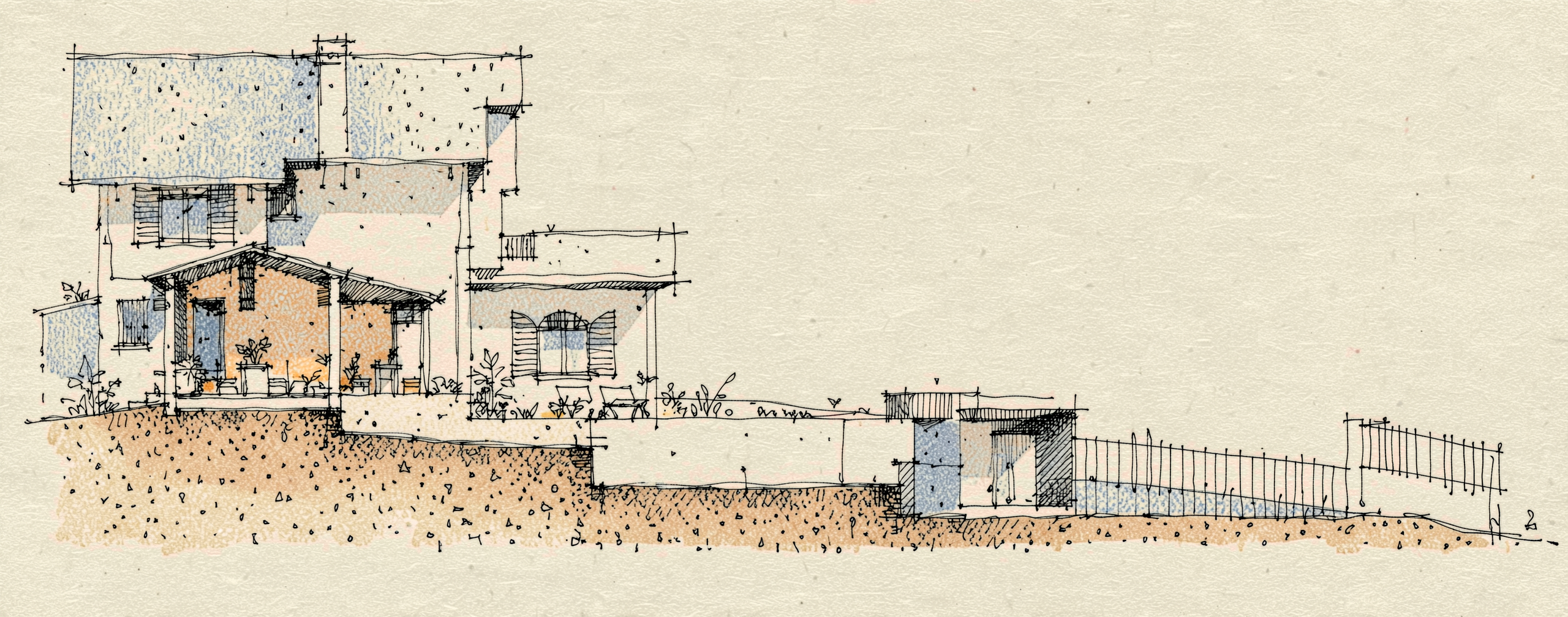 Croquis d'élévation de l'extension de la villa basque à La Baule, étude d'intégration au volume d'origine