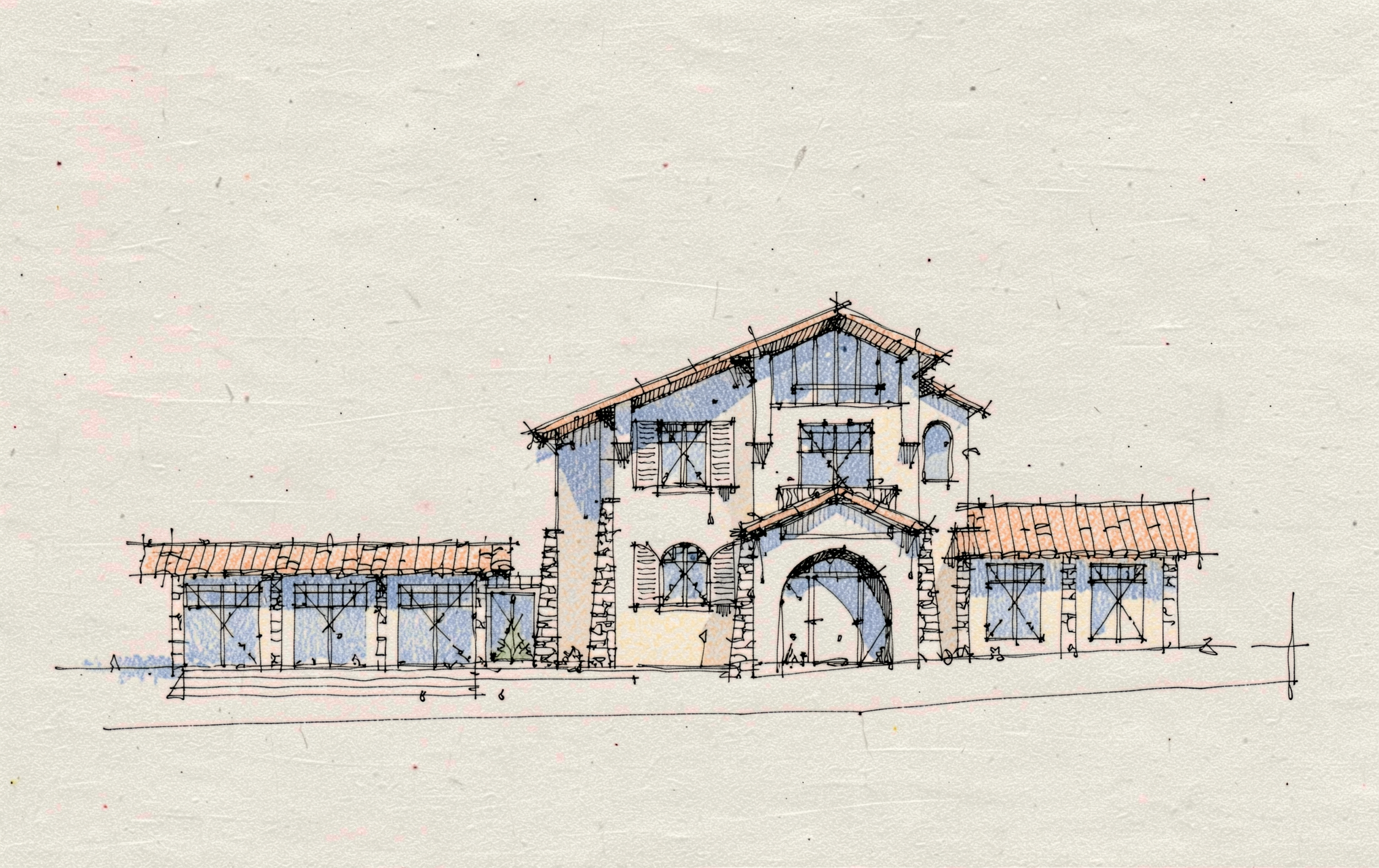 Croquis d'étude de la façade d'entrée de la villa basque d'Adrien Grave, La Baule