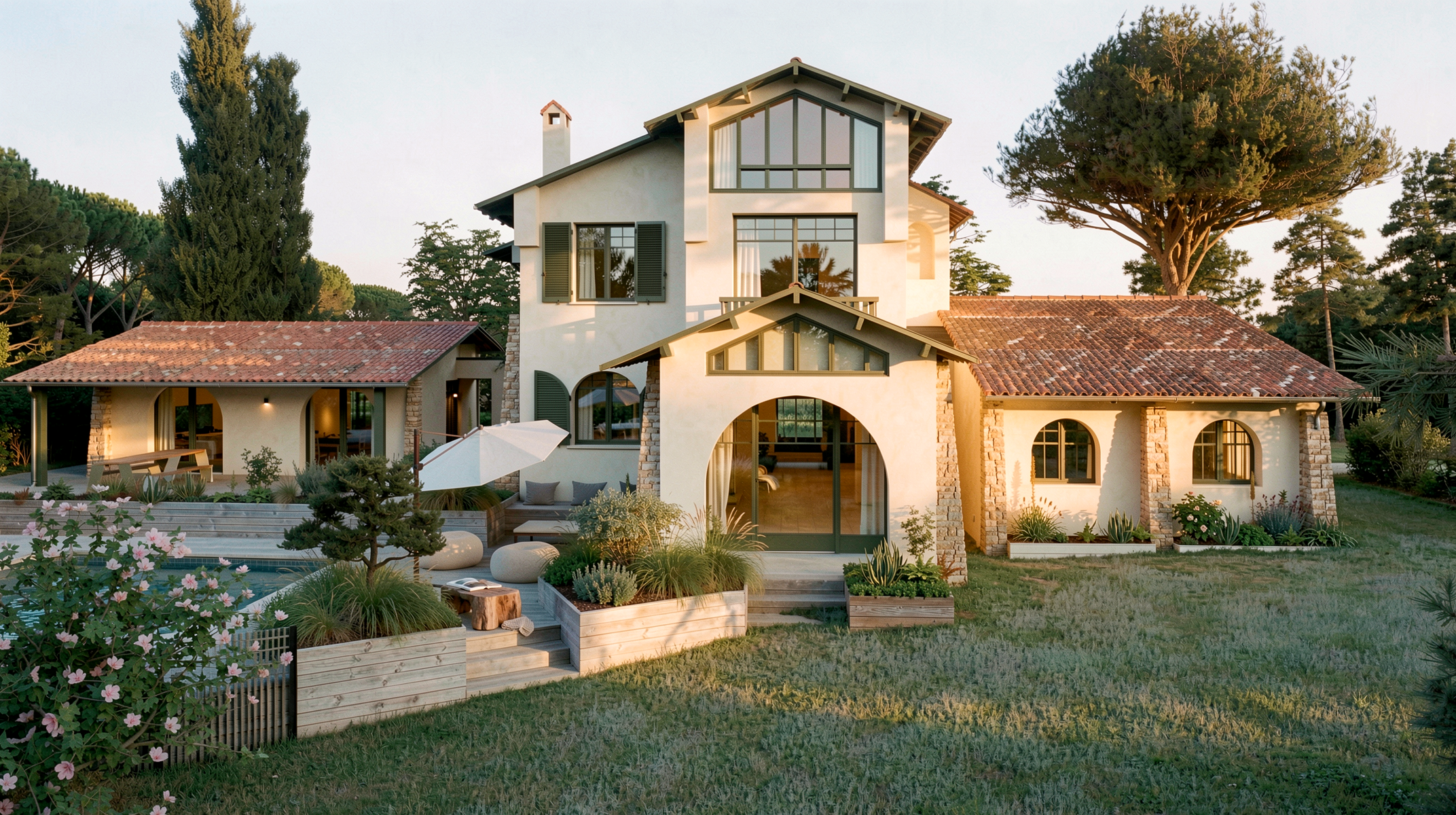 Façade d'entrée de la villa basque d'Adrien Grave à La Baule, enduit blanc taloché et arche en pierre