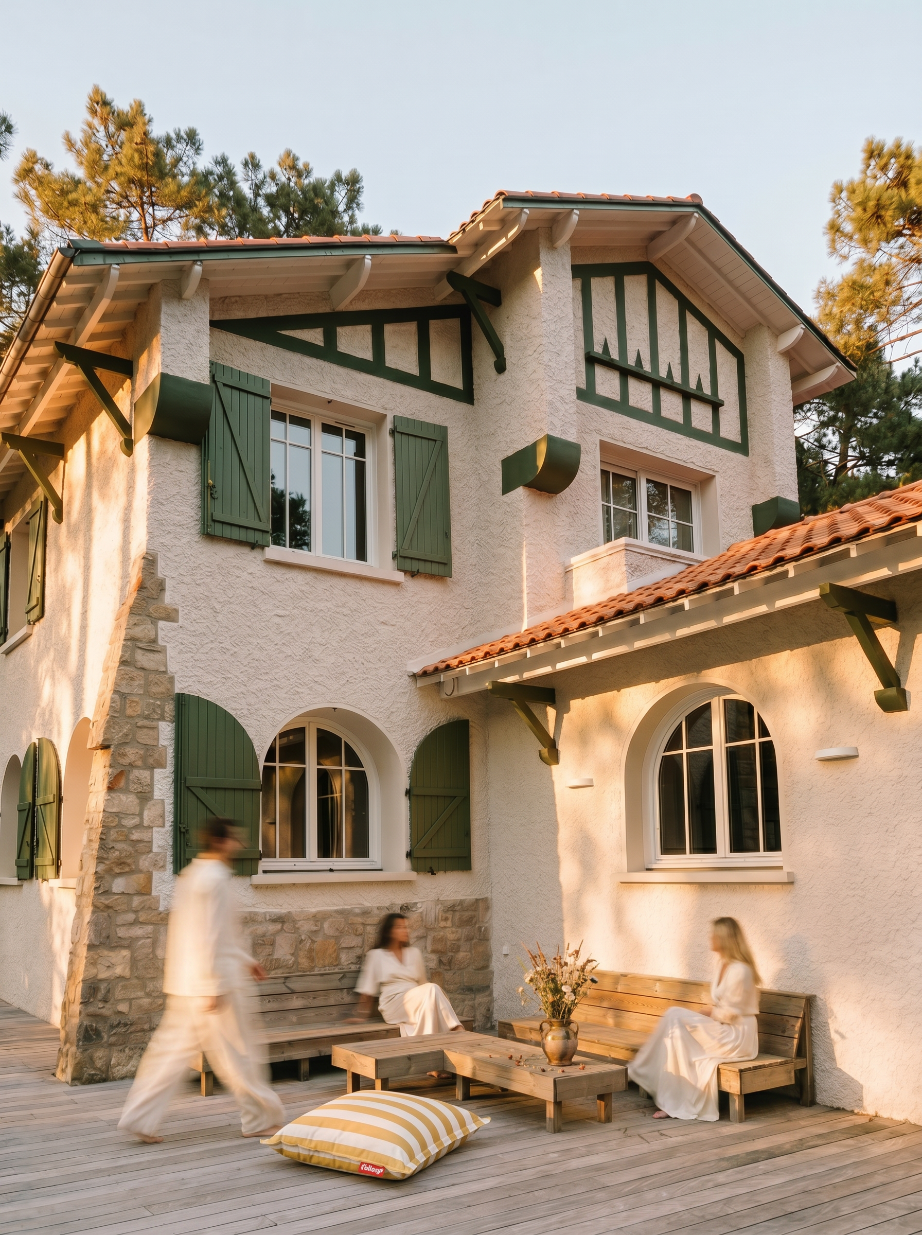 Façade de la villa basque avec volets et menuiseries bois teinte gris ciment RAL 7033, La Baule