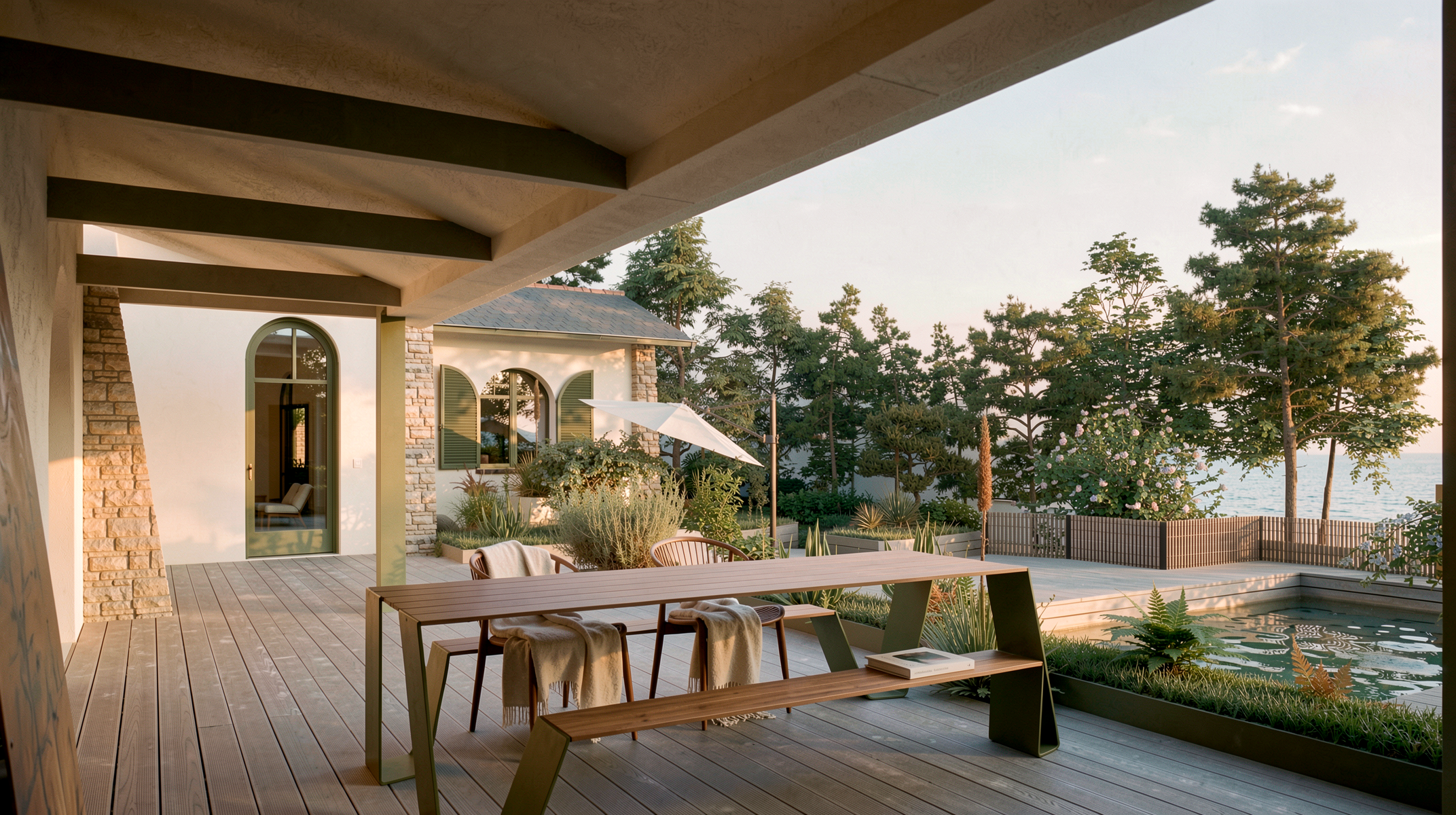 Terrasse couverte en IPE avec grande table de repas, ouverte sur le jardin de la villa basque, La Baule