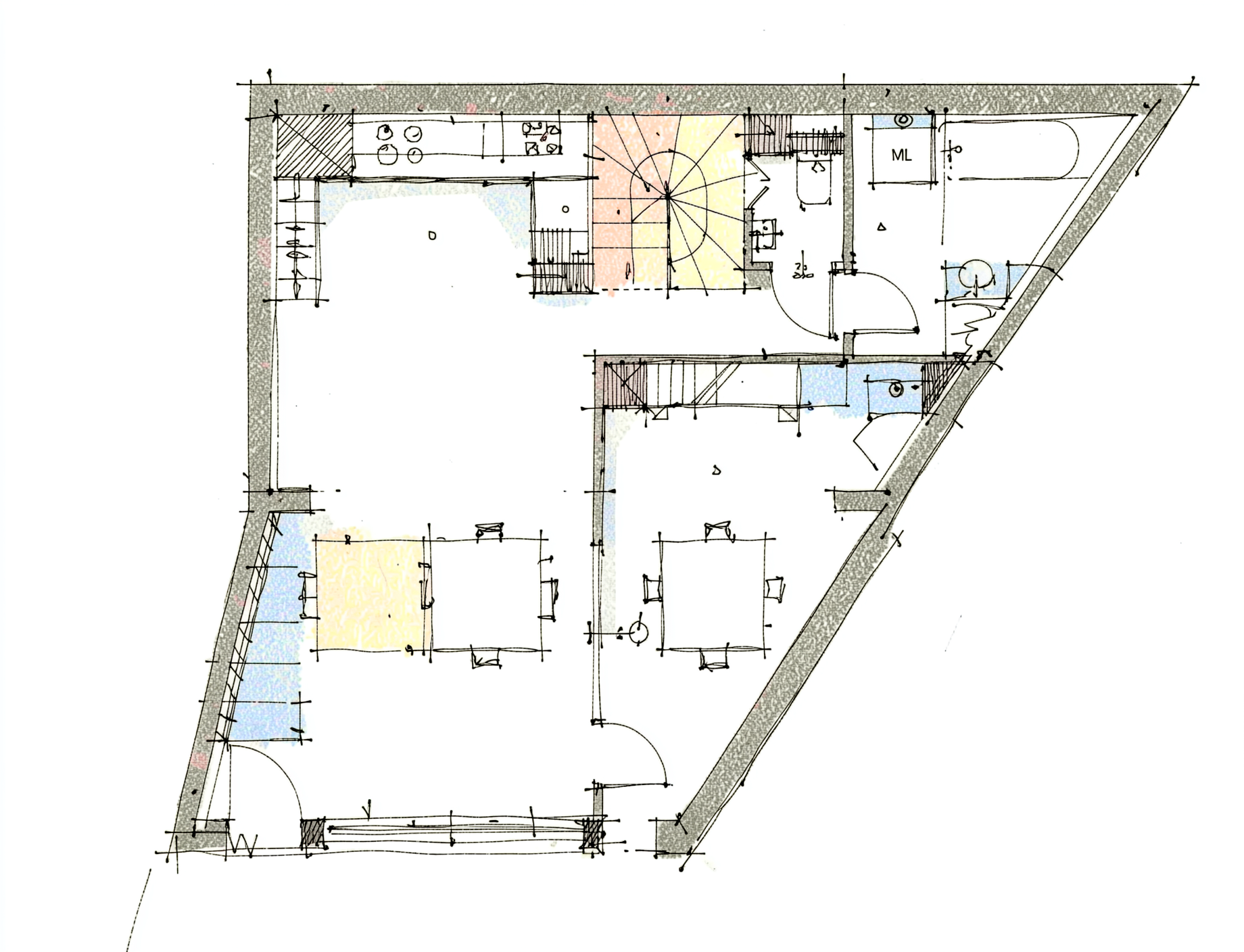 Plan de la maison de ville rénovée et étendue en second rideau sur parcelle drapeau, Guérande