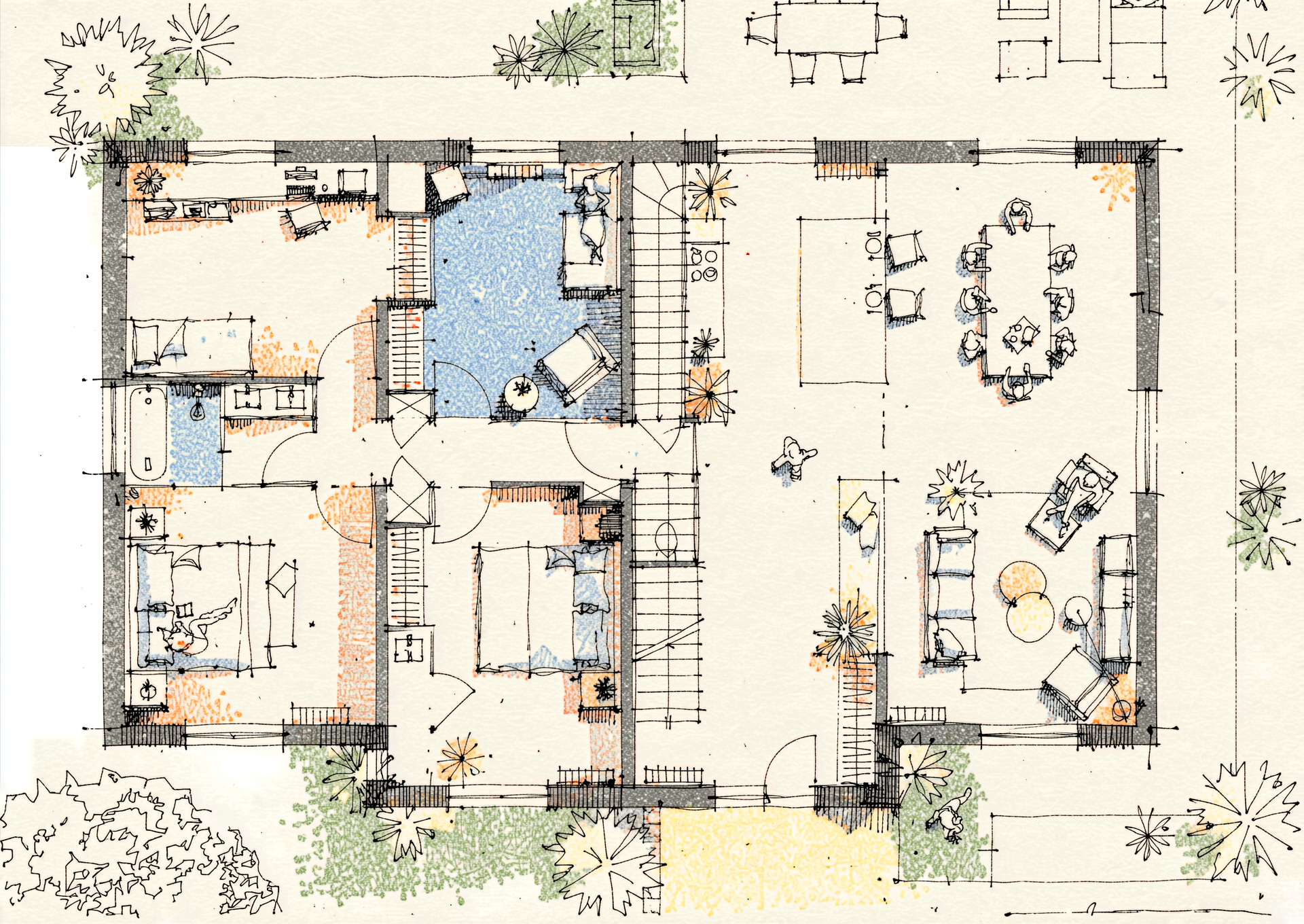Plan d'architecte aquarellé du rez-de-chaussée, rénovation intérieure à Pornichet