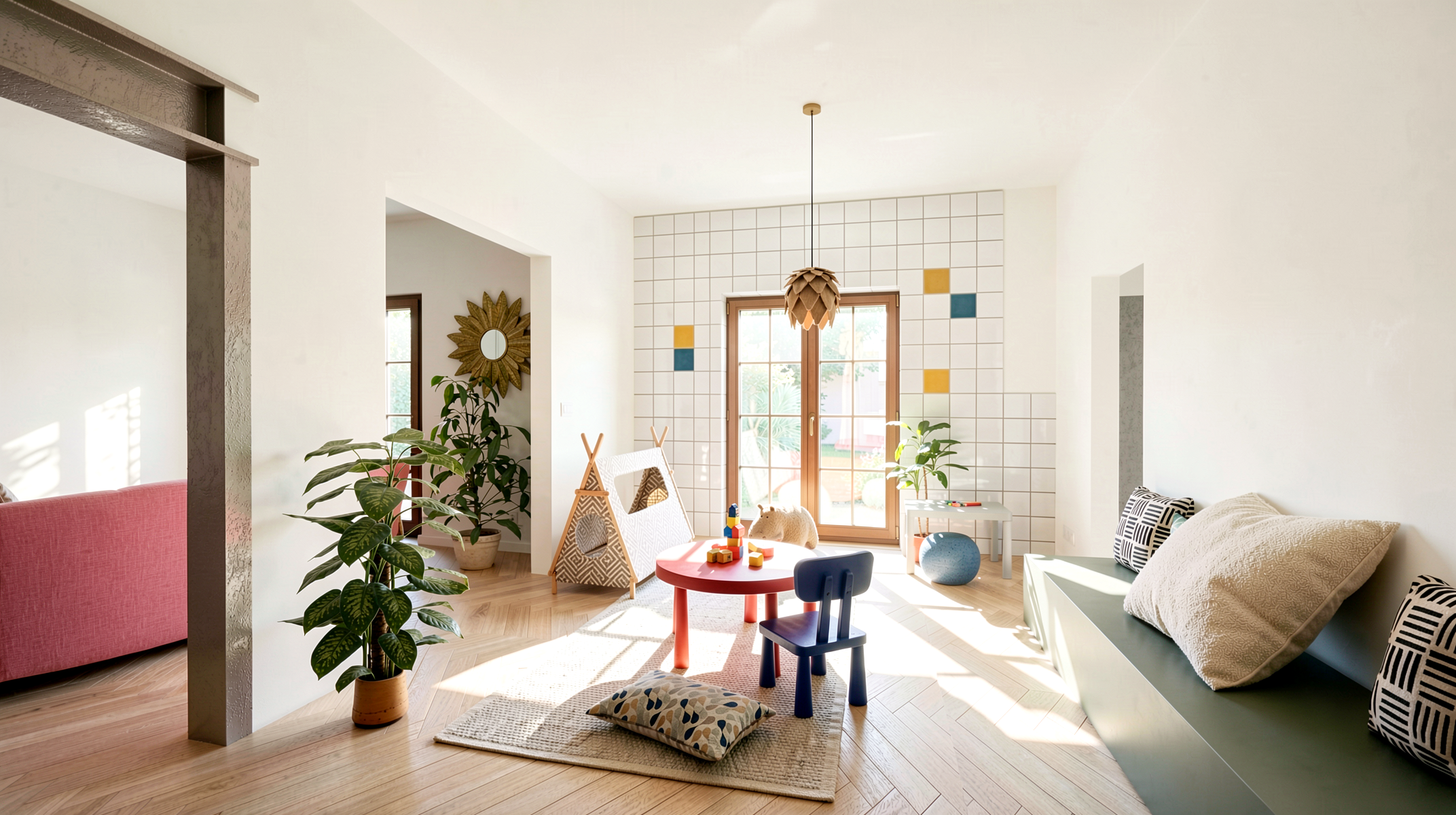 Séjour et coin repas lumineux, rénovation intérieure à Pornichet par un architecte