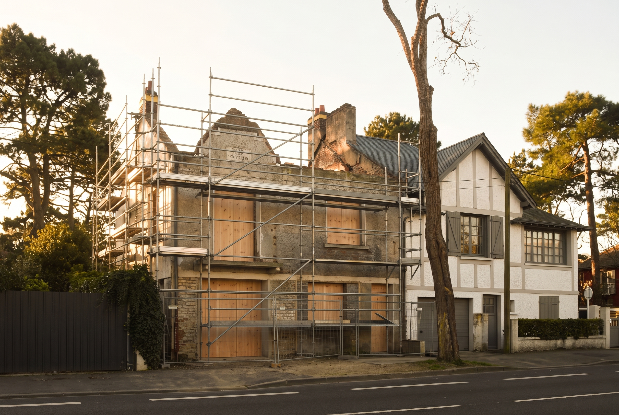 Villa balnéaire en cours de rénovation, façade décapée sous échafaudage lors d'une visite de chantier