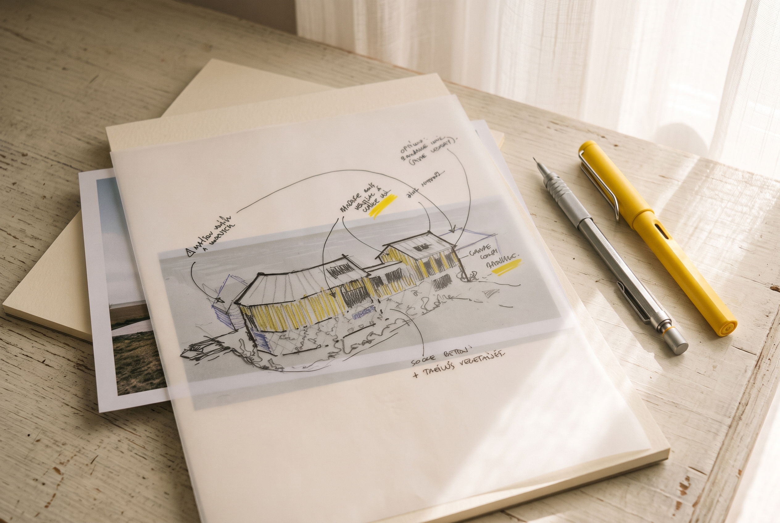 Croquis d'architecte sur calque annoté au crayon, esquisse d'une maison bois à deux volumes