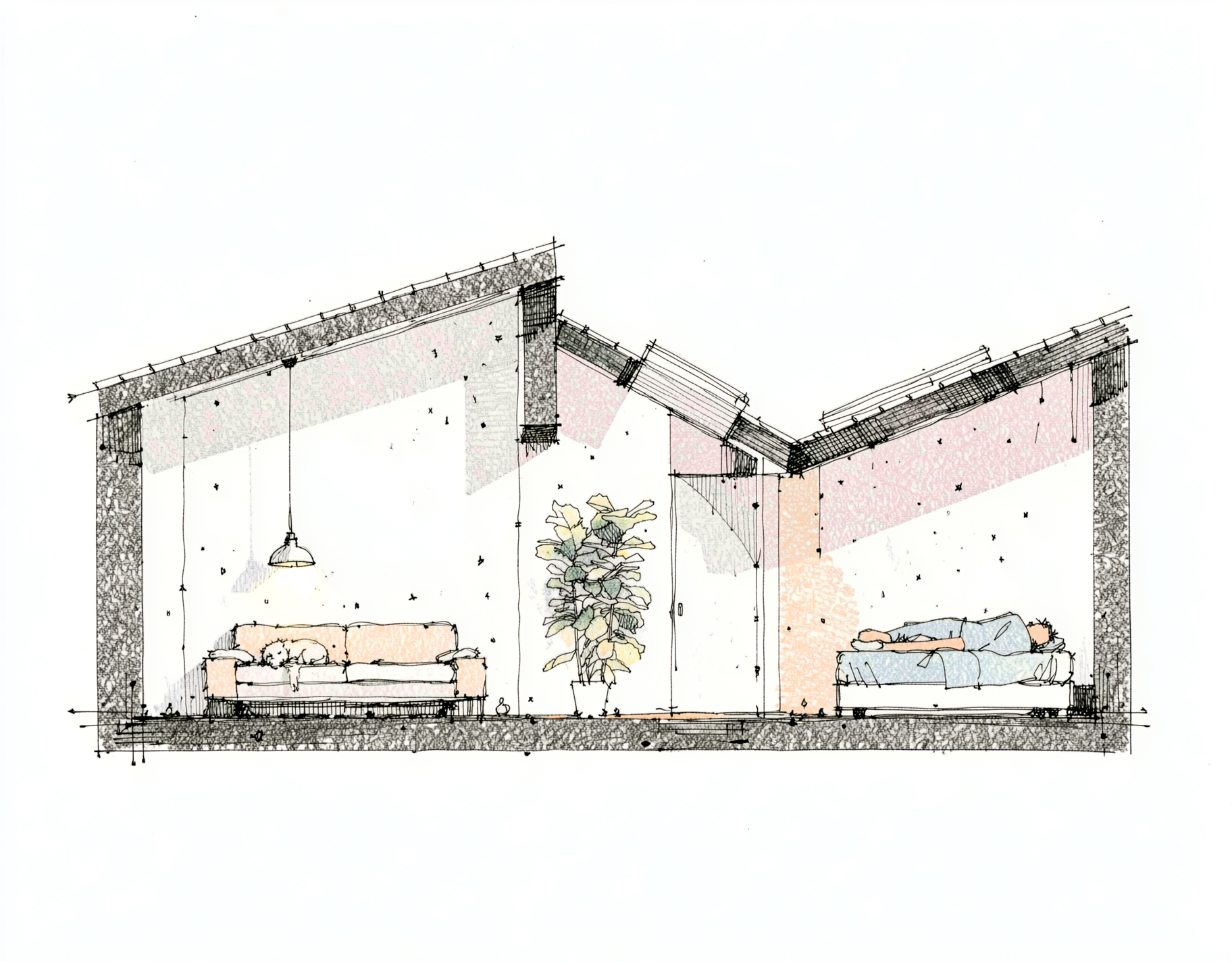 Coupe perspective montrant l'éclairement zénithal de la maison rénovée au Pouliguen