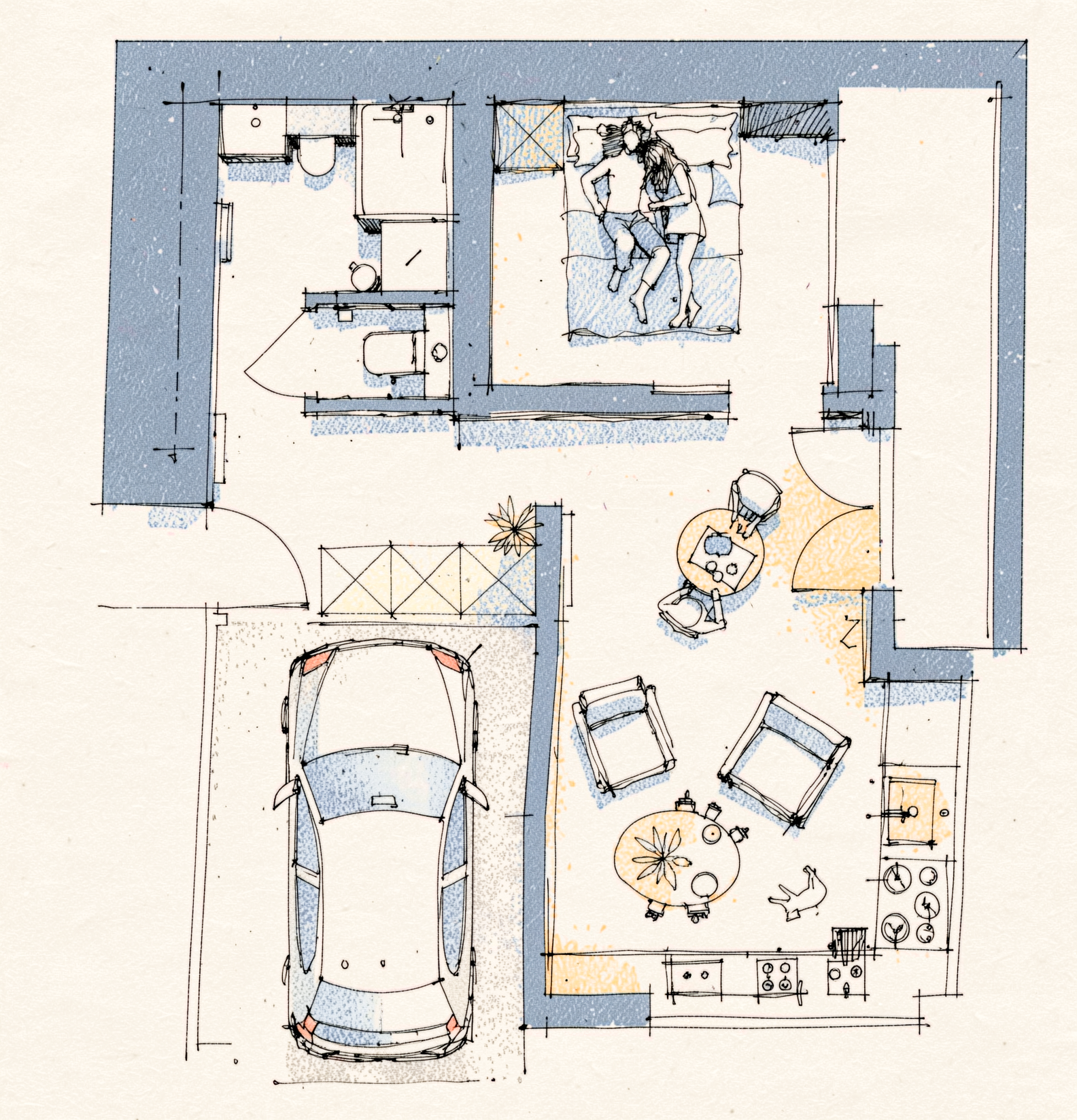 Plan d'aménagement de la maison de 35 m² et du garage, dessiné par l'architecte